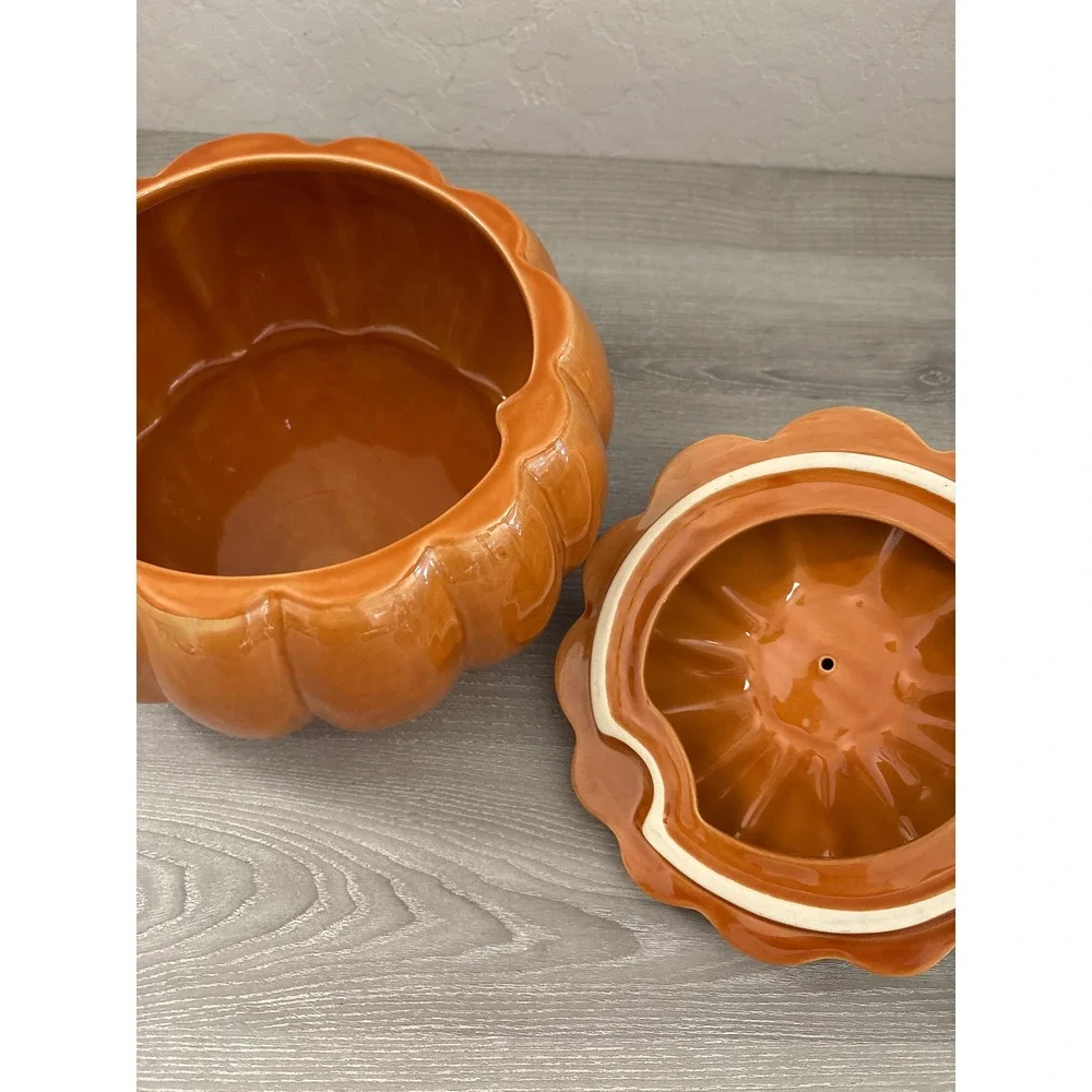 Threshold Stoneware Pumpkin Tureen Orange Glazed Lidded Serving Dish Fall Decor